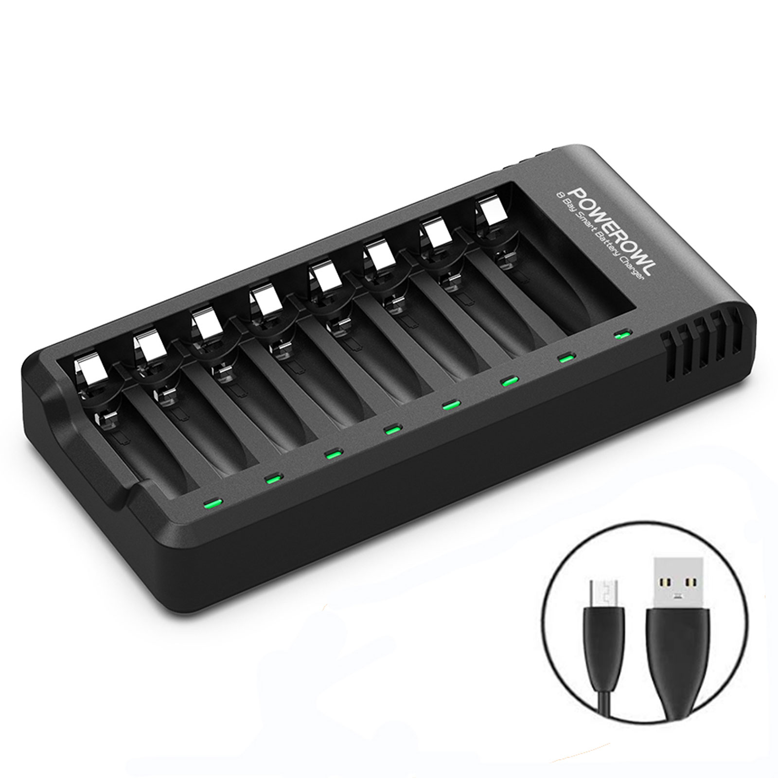 POWEROWL 8 Bay AA AAA Battery Charger, USB High-Speed Charging, for Ni-MH Ni-CD Rechargeable Batteries, No Adapter