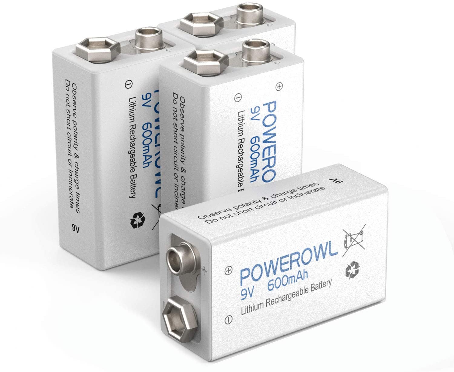 POWEROWL 9V Rechargeable Batteries 600mAh Lithium-ion Low Self Discharge Battery for Smoke Dectector and More 4 Pack