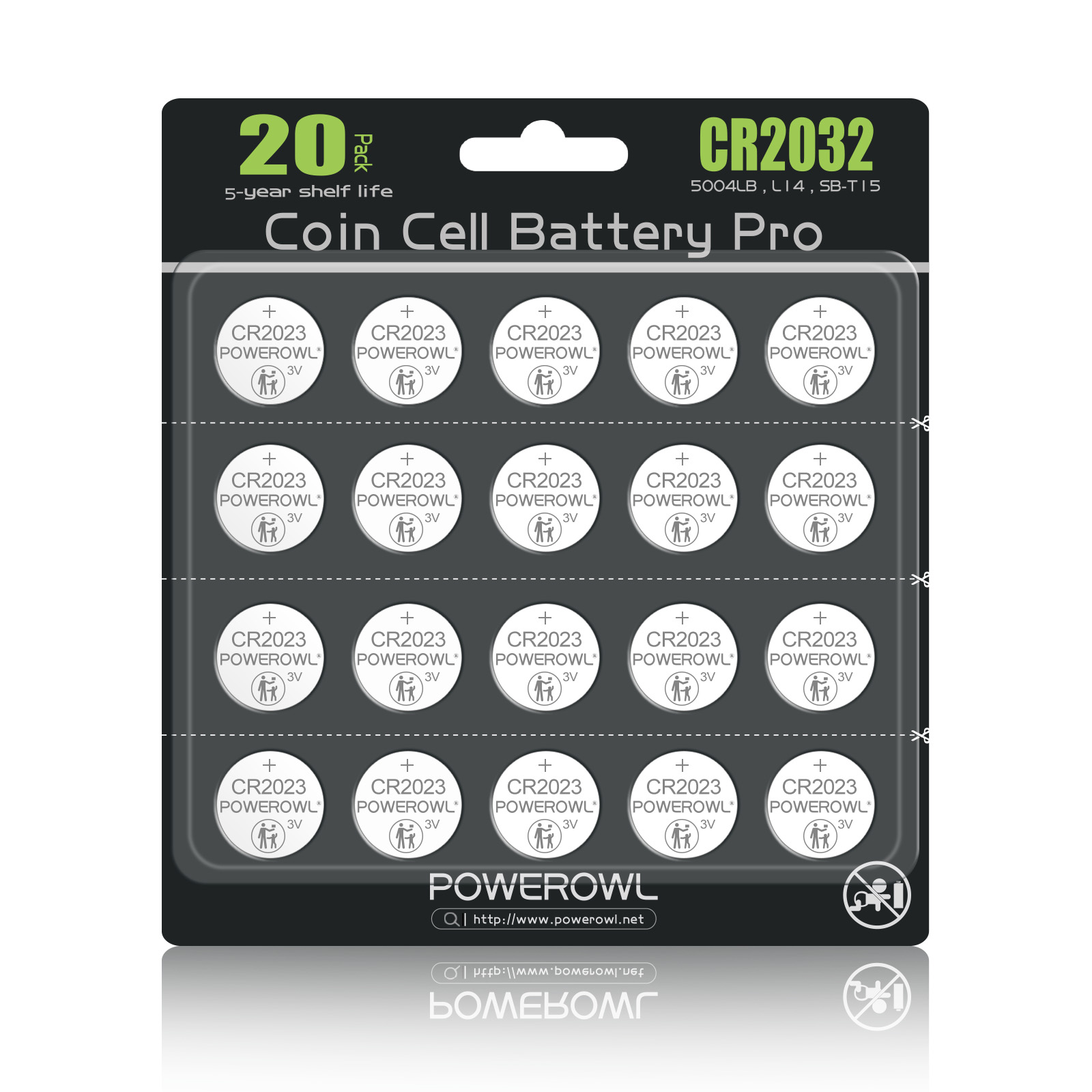 POWEROWL High Capacity CR2032 Battery (20-Pack) 3v Lithium Batteries, 10 Years Leak-Free, Long Lasting Cr 2032