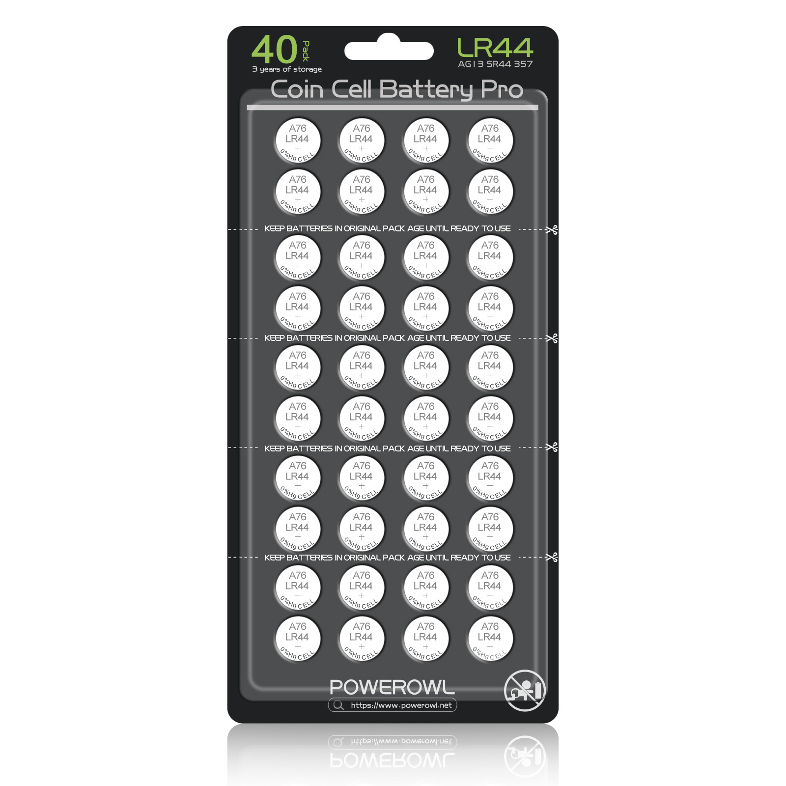 POWEROWL High Capacity LR44 Batteries 40 Pack, L1154F AG13 357 303 SR44 A76 Premium Alkaline Battery 1.5V Button Coin Cell Batteries